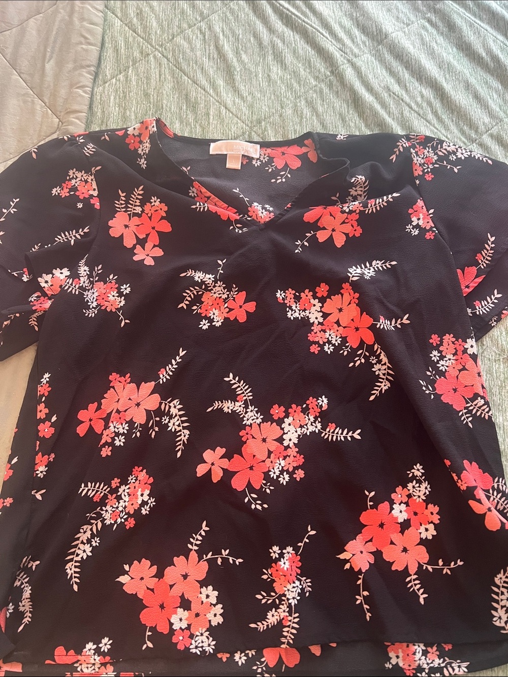 Michael Kors Black Short-Sleeve Blouse with Coral Floral Print